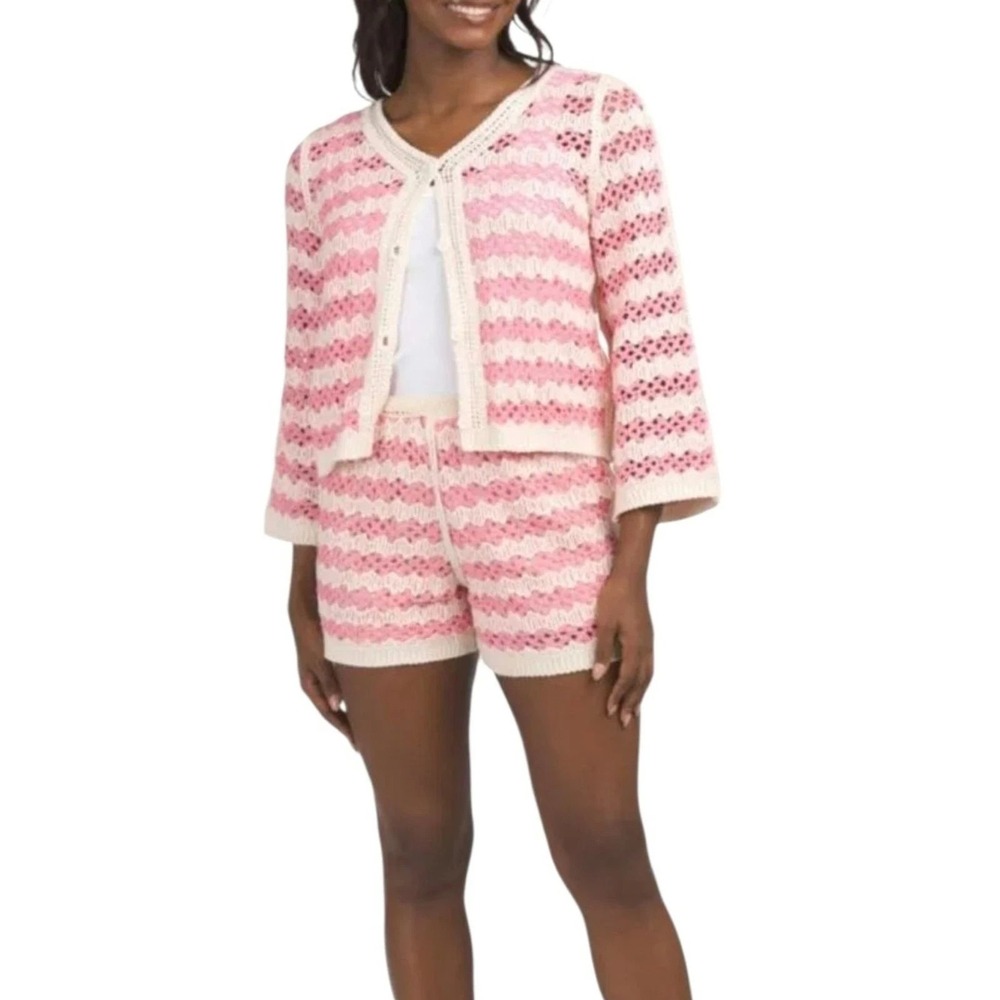 Solitaire Pink Cream Crochet Knit Cardigan Shorts Set Boho Beach Sz M Resort